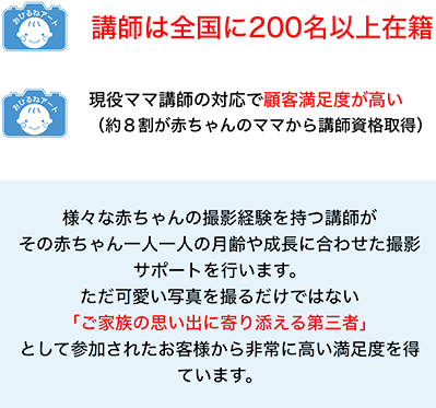 様々な赤ちゃんの撮影経験を持つ講師がその赤ちゃん一人一人の月齢や成長に合わせた撮影サポートを行います。ただ可愛い写真を撮るだけではない「ご家族の思い出に寄り添える第三者」として参加されたお客様から非常に高い満足度を得ています。